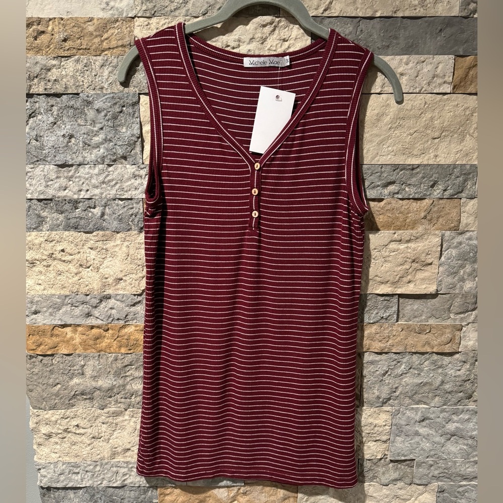 NWT. Michelle Mae Burgundy/Wine Striped Henley Tank